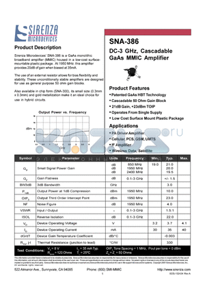 SNA-386-TR1 datasheet - DC 3 GHZ CASCADABLE GAAS MMIC AMPLIFIER