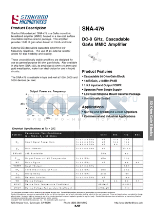 SNA-476 datasheet - DC-8 GHz, Cascadable GaAs MMIC Amplifier