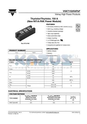 VSKT152/04PBF datasheet - Thyristor/Thyristor, 150 A (New INT-A-PAK Power Module)