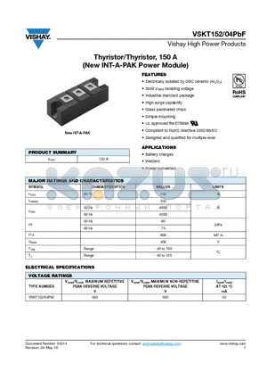 VSKT152_10 datasheet - Thyristor/Thyristor, 150 A (New INT-A-PAK Power Module)