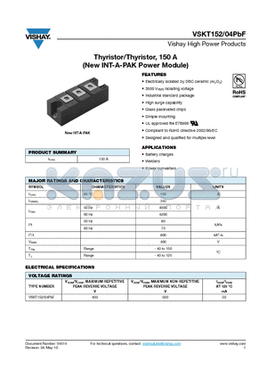 VSKT152 datasheet - Thyristor/Thyristor, 150 A (New INT-A-PAK Power Module)