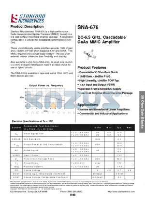 SNA-676-TR2 datasheet - DC-6.5 GHZ , CASCADABLE GAAS MMIC AMPLIFIER