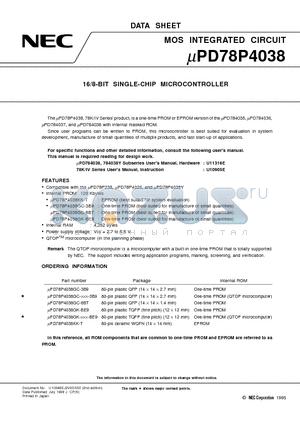 UPD78P4038GK-BE9 datasheet - 16/8-BIT SINGLE-CHIP MICROCONTROLLER