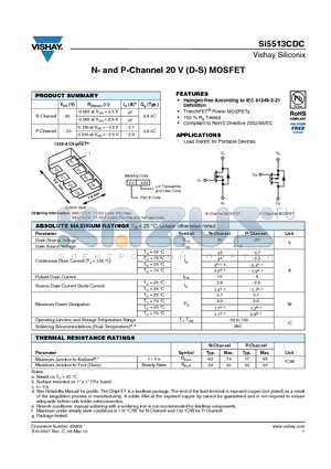 SI5513CDC-T1-E3 datasheet - N- and P-Channel 20 V (D-S) MOSFET