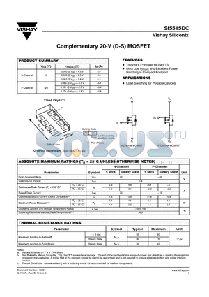 SI5515DC-T1-E3 datasheet - Complementary 20-V (D-S) MOSFET