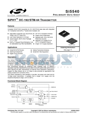 SI5540-BC datasheet - SiPHY OC-192/STM-64 TRANSMITTER