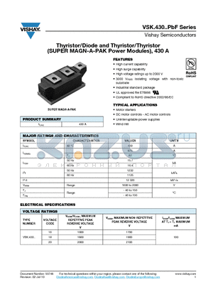 VSKT430-20PBF datasheet - Thyristor/Diode and Thyristor/Thyristor (SUPER MAGN-A-PAK Power Modules), 430 A