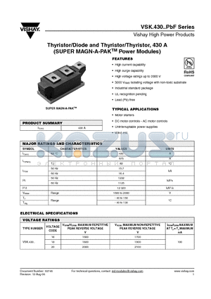VSKT43020PBF datasheet - Thyristor/Diode and Thyristor/Thyristor, 430 A (SUPER MAGN-A-PAKTM Power Modules)