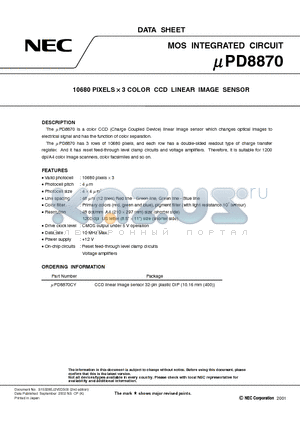 UPD8870 datasheet - 10680 PIXELS  3 COLOR CCD LINEAR IMAGE SENSOR