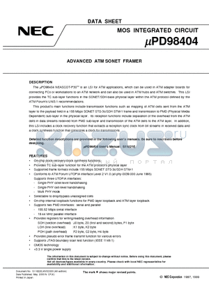 UPD98404 datasheet - ADVANCED ATM SONET FRAMER