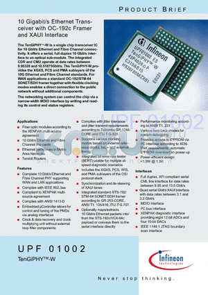 UPF01002 datasheet - 10 Gigabit/s Ethernet Transceiver with OC-192c Framer and XAUI Interface
