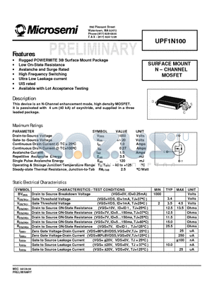 UPF1N100 datasheet - SURFACE MOUNT N . CHANNEL MOSFET