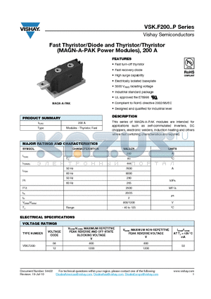 VSKTF200-08HKP datasheet - Fast Thyristor/Diode and Thyristor/Thyristor (MAGN-A-PAK Power Modules), 200 A