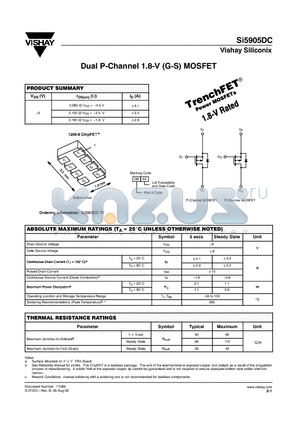 SI5905DC datasheet - Dual P-Channel 1.8-V (G-S) MOSFET
