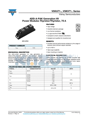 VSKU71-16 datasheet - ADD-A-PAK Generation VII Power Modules Thyristor/Thyristor, 75 A