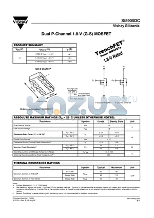 SI5905DC-T1 datasheet - Dual P-Channel 1.8-V (G-S) MOSFET