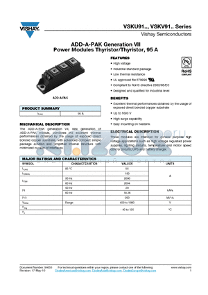 VSKV91-04 datasheet - ADD-A-PAK Generation VII Power Modules Thyristor/Thyristor, 95 A
