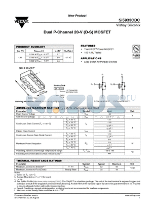 SI5933CDC-T1-E3 datasheet - Dual P-Channel 20-V (D-S) MOSFET