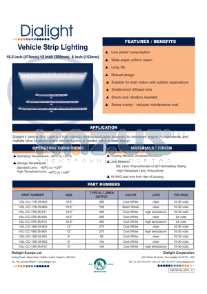 VSL-CC-15B-35-801 datasheet - Vehicle Strip Lighting 18.5 inch (470mm) 12 inch (305mm) 6 inch (153mm)