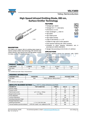 VSLY3850 datasheet - High Speed Infrared Emitting Diode, 850 nm, Surface Emitter Technology