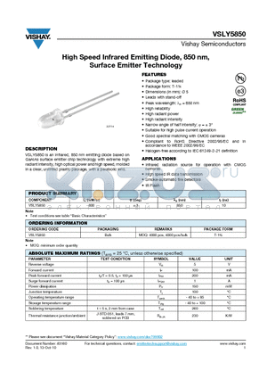 VSLY5850 datasheet - High Speed Infrared Emitting Diode, 850 nm, Surface Emitter Technology