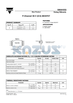 SI6441DQ datasheet - P-Channel 30-V (D-S) MOSFET