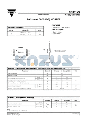 SI6441DQ-T1 datasheet - P-Channel 30-V (D-S) MOSFET