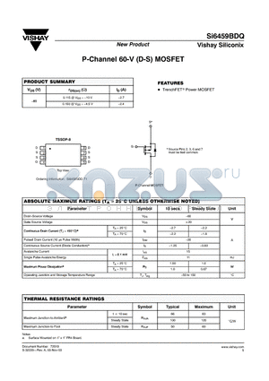 SI6459BDQ datasheet - P-Channel 60-V (D-S) MOSFET