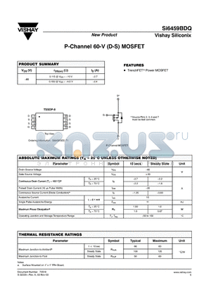 SI6459BDQ-T1 datasheet - P-Channel 60-V (D-S) MOSFET