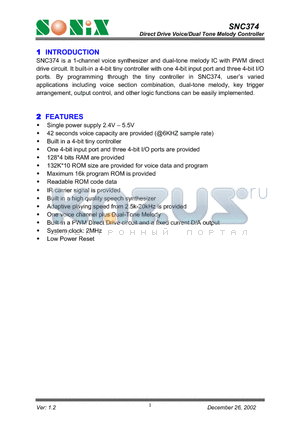 SNC374 datasheet - Direct Drive Voice/Dual Tone Melody Controller