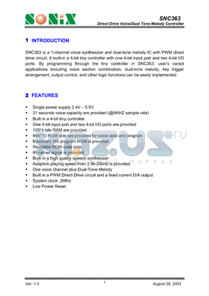 SNC363 datasheet - Direct Drive Voice/Dual Tone Melody Controller