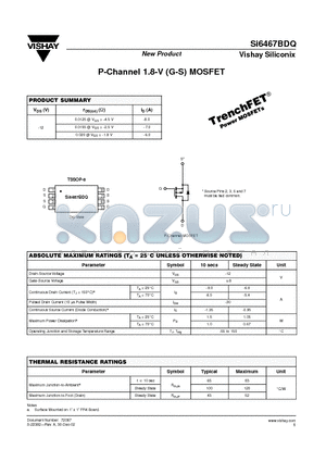 SI6467BDQ datasheet - P-Channel 1.8-V (G-S) MOSFET