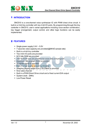 SNC510 datasheet - One Channel Direct Drive Speech Controller