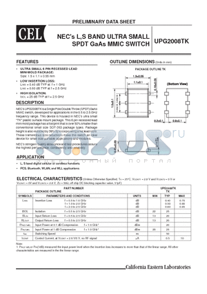 UPG2008TK datasheet - NECs L,S BAND ULTRA SMALL SPDT GaAs MMIC SWITCH