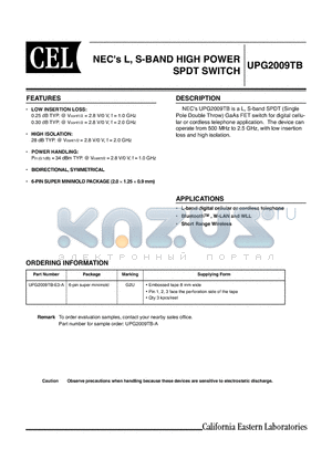 UPG2009TB datasheet - L, S-Band HIGH POWER SPDT SWITCH