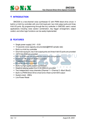 SNC539 datasheet - Two Channel Direct Drive Speech Controller