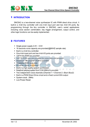 SNC542 datasheet - Two Channel Direct Drive Speech Controller