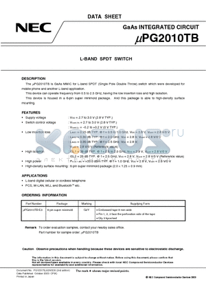 UPG2010TB-E3 datasheet - L-BAND SPDT SWITCH