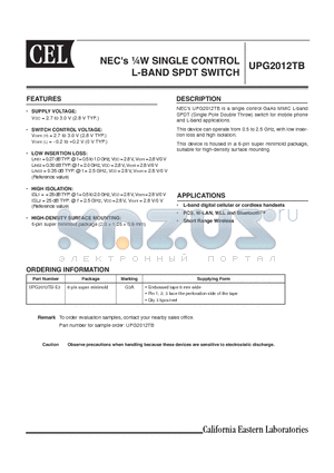 UPG2012TB datasheet - NECs 1/4W SINGLE CONTROL L-BAND SPDT SWITCH