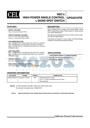 UPG2010TB datasheet - HIGH POWER SINGLE CONTROL L-BAND SPDT SWITCH