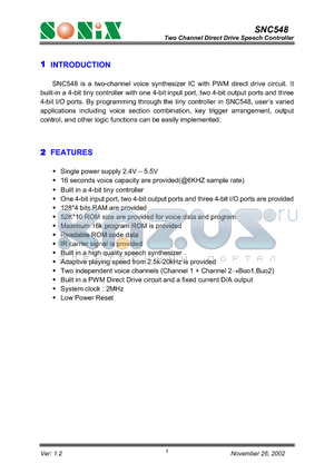 SNC548 datasheet - Two Channel Direct Drive Speech Controller