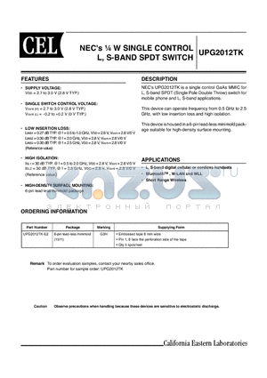UPG2012TK-E2 datasheet - NECs l W SINGLE CONTROL L, S-BAND SPDT SWITCH