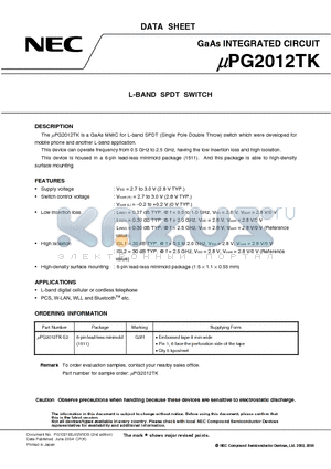 UPG2012TK-E2 datasheet - L-BAND SPDT SWITCH