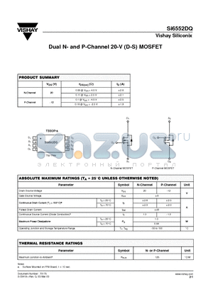 SI6552DQ datasheet - Dual N- and P-Channel 20-V (D-S) MOSFET