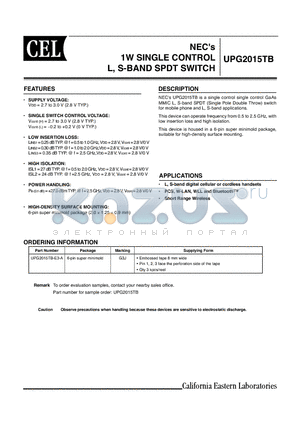 UPG2015TB datasheet - 1W SINGLE CONTROL L, S-BAND SPDT SWITCH