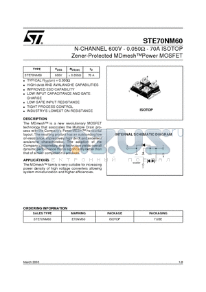 STE70NM60 datasheet - N-CHANNEL 600V - 0.050W - 70A ISOTOP Zener-Protected MDmesh Power MOSFET