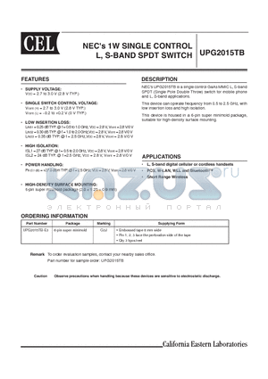 UPG2015TB-E3 datasheet - NECs 1W SINGLE CONTROL L, S-BAND SPDT SWITCH