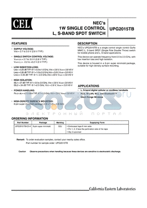 UPG2015TB-E3-A datasheet - 1W SINGLE CONTROL L, S-BAND SPDT SWITCH