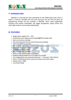 SNC552 datasheet - Two Channel Direct Drive Speech Controller