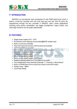 SNC553 datasheet - Two Channel Direct Drive Speech Controller